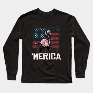 Scary Halloween Flamingo Happy 4th Usa American Flag July Fourth Long Sleeve T-Shirt